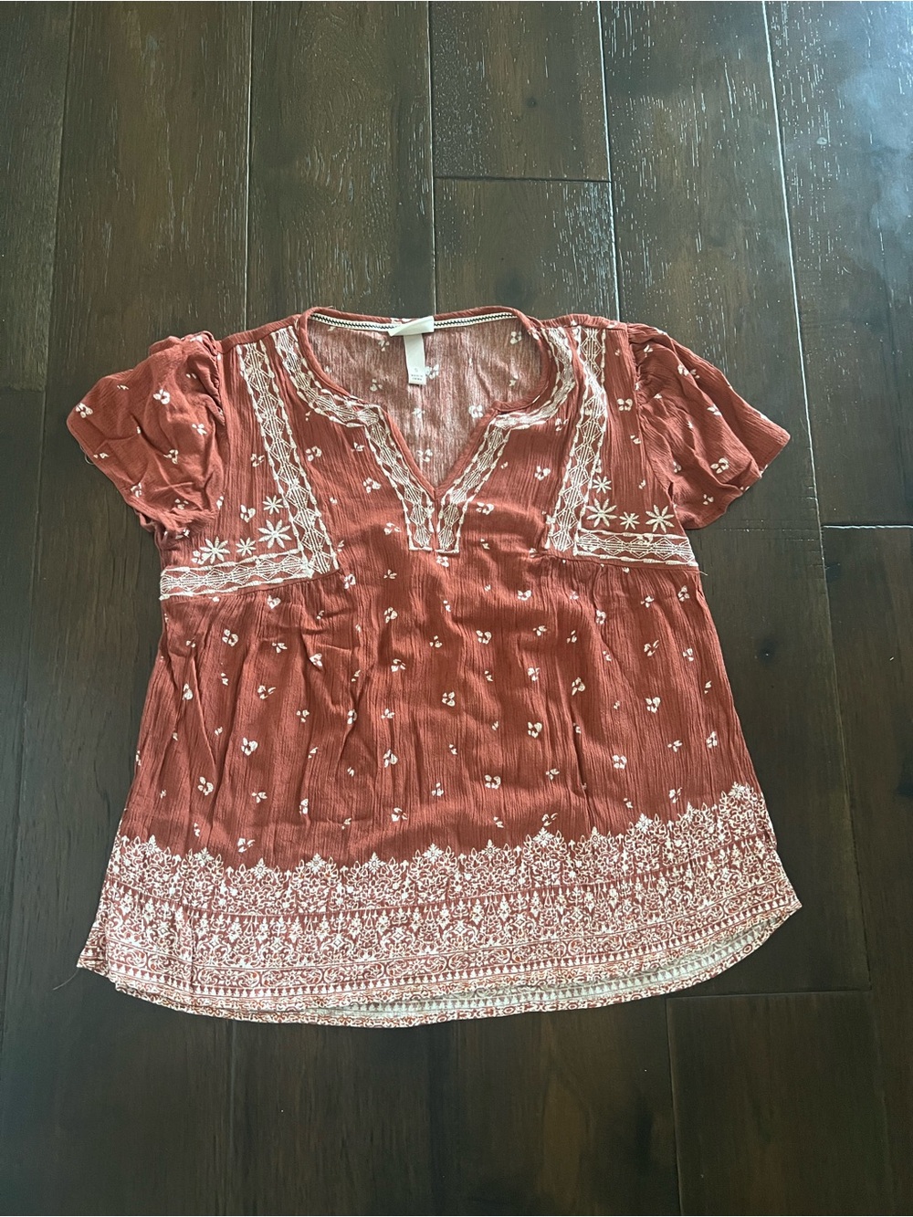 Boho Embroidered Split-Neck Women’s Top - Rust
